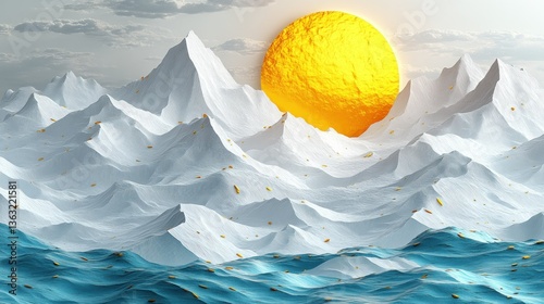 Golden Sun Over White Mountains and Teal Sea: A Digital Landscape