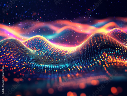 Glowing holographic wave pulsing in sync with rhythmic motion, rendered with neon light and futuristic energy flow