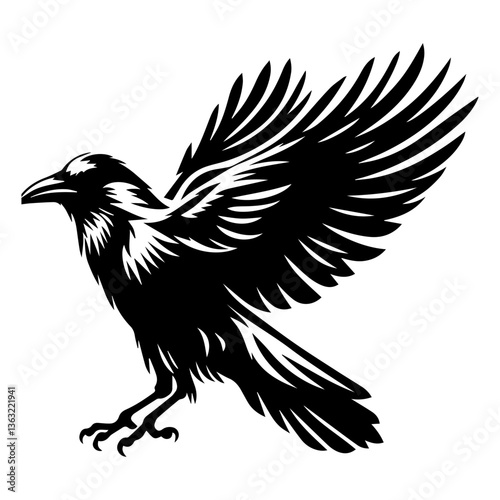 Black and white silhouette of a raven on a white isolated background. Vector graphics. EPS.
