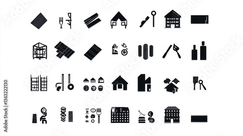 Construction icons; building materials; warehouse background; website design