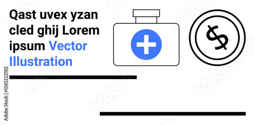 Medical box with cross icon beside a dollar coin symbolizing healthcare costs, budgets, or investments. Ideal for finance, healthcare, insurance, analysis, medical aid, savings or economics