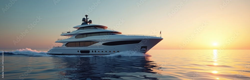 Fototapeta premium Luxury yacht sails open sea at sunset. Modern white boat reflects golden sunlight on water surface. Sea travel, summer vacation, lifestyle, recreation. Expensive yachting at ocean, cruise, holiday,