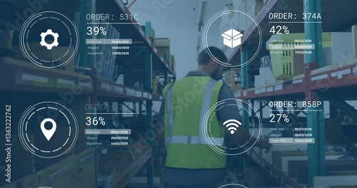 Warehouse worker in high-visibility vest with data processing animation overlay