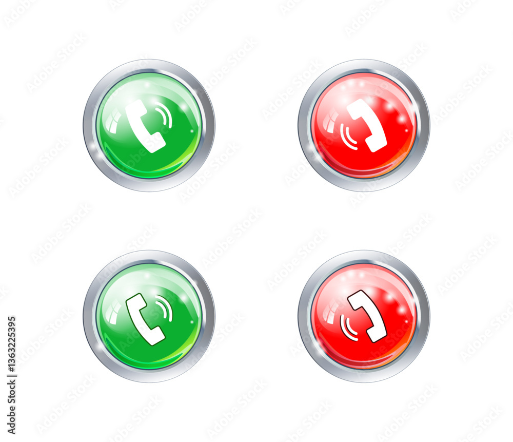 Answer and decline phone call buttons. Phone call. Telephone sign. Accept call and decline phone icons. Vector illustration icon. Answer and decline phone call buttons. Phone call. Telephone sign. Accept call and decline phone icons. Vector illustration icon.