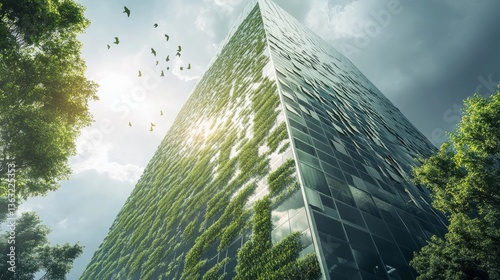 High-tech office tower with algae-covered walls for CO2 absorption, sustainable urban development generative ai