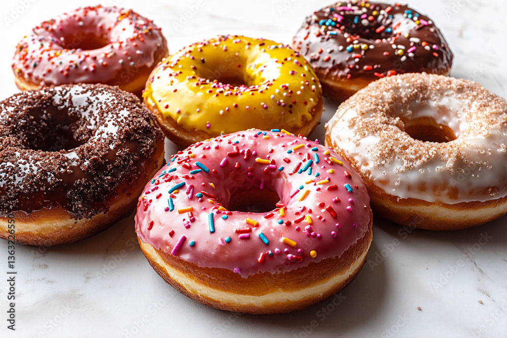 flat lay image of five assorted donuts with vibrant glazes and sprinkles o flat lay image of five assorted donuts with vibrant glazes and sprinkles o