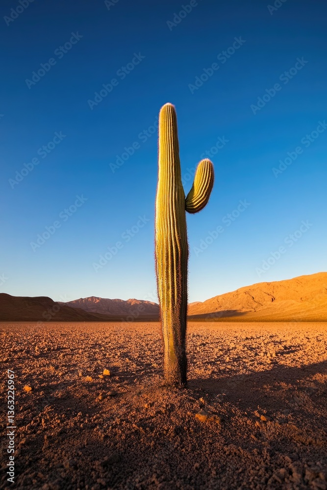 solitary cactus stands tall in arid desert landscape under golden glow of setting sun casting long shadows over undisturbed solitary cactus stands tall in arid desert landscape under golden glow of setting sun casting long shadows over undisturbed