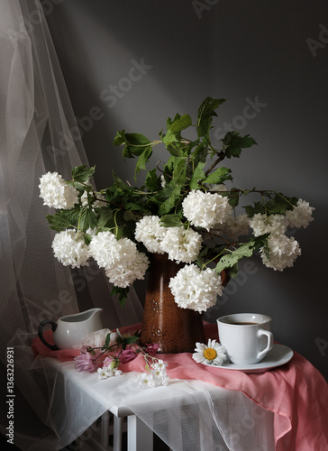 Obraz na płótnie An Elegant Still Life Composition Featuring Beautiful White Flowers and an Open Book w salonie