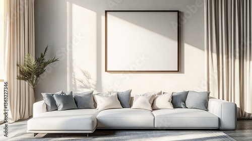 Minimalist Living Room Sectional Sofa, Large Canvas Mockup, Sunlit Interior