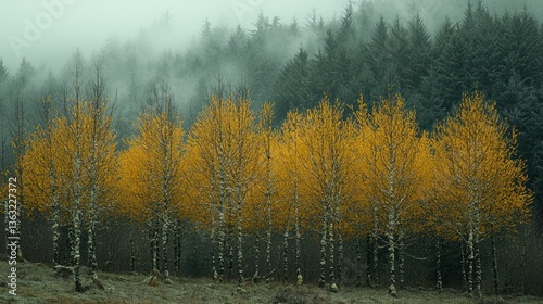 Misty Autumn Grove: Golden Aspens in a Foggy Forest