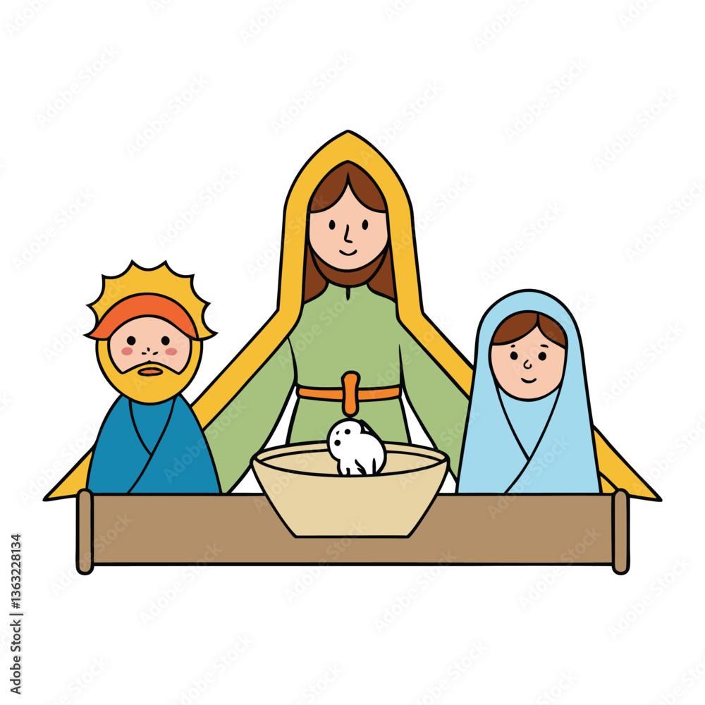 Fototapeta premium A peaceful nativity scene with Baby Jesus in a manger, surrounded by Mary, Joseph, shepherds, animals, and the Star of Bethlehem shining above.