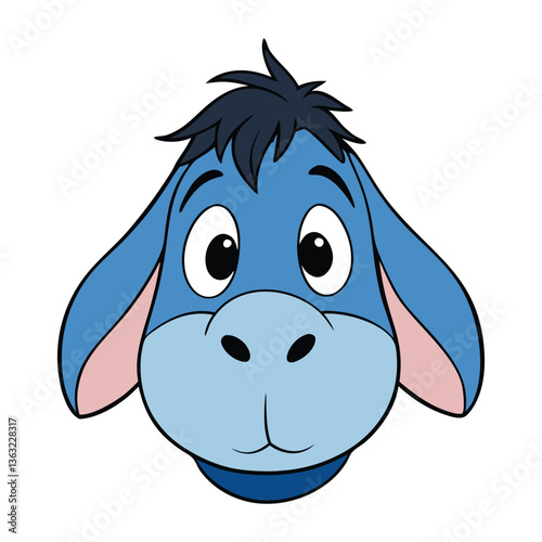Eeyore's face shows a constant look of sadness and gloom, with droopy eyes, a downturned mouth, and a quiet, resigned expression that tugs at the heart.