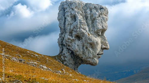 Majestic Stone Face Carved into Mountainside, a breathtaking natural rock formation resembling a human face, serene landscape with dramatic sky