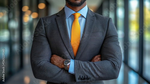 Professional man in suit with orange tie poses confidently in modern office environment during daytime
