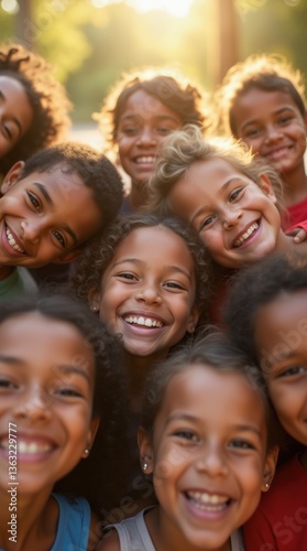 A close-up of diverse kids, their faces brightly lit by sunlight, each showing unique features and joyful expressions.