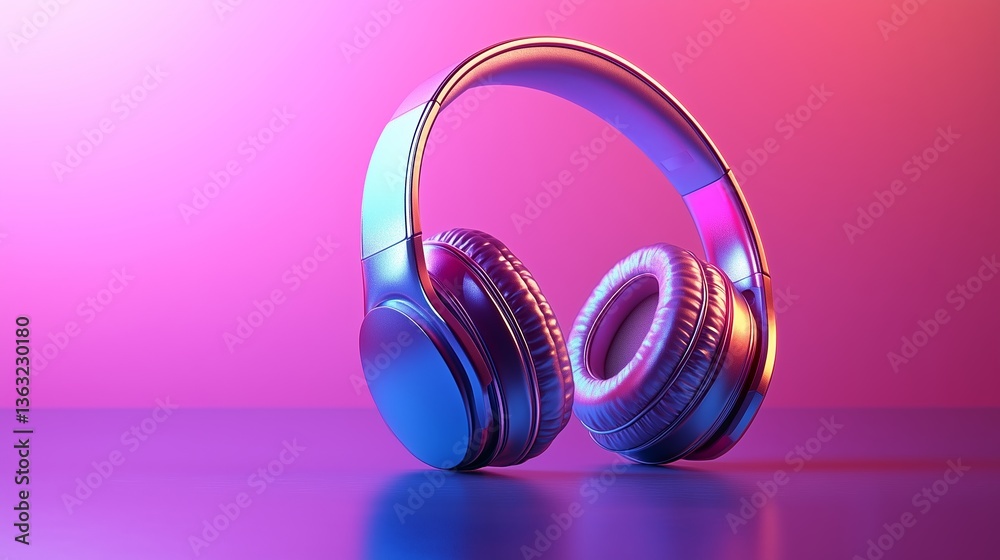 3D glossy headphones with a smooth and reflective surface, on pastel solid background. 3 3D glossy headphones with a smooth and reflective surface, on pastel solid background. 3