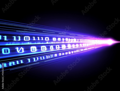 Abstract digital stream of data, glowing binary code with light trails