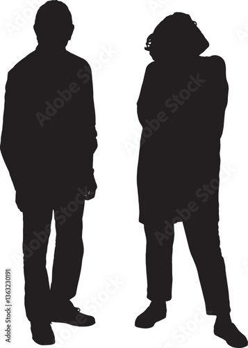 vector; silhouette front view of adult woman and man standing and looking at camera