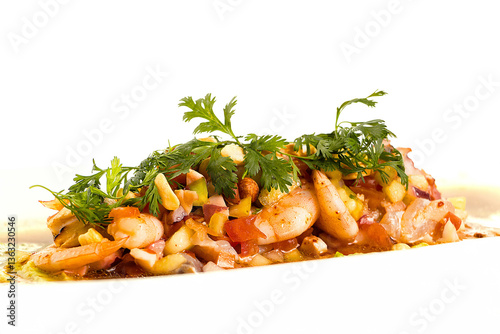 Ceviche with shrimps, mango, cilantro, white background