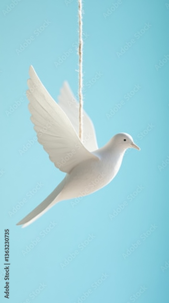 Obraz premium A close-up of a single paper dove hanging against a soft blue sky. Sunlight highlights its edges, creating a minimalistic, peaceful, and elegant mood.