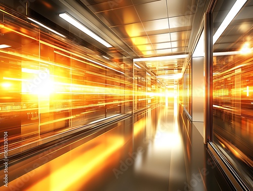 Abstract golden light streaks in a modern corridor for tech concepts