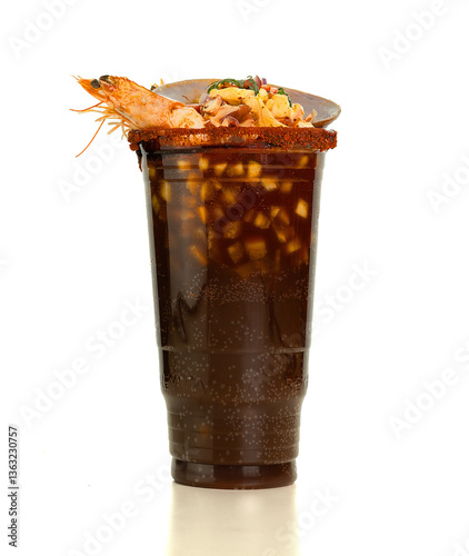 Beer drink with oysters, shrimp, mango, chocalate 