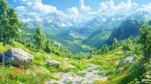 Alpine Meadow Panorama: Breathtaking View of Majestic Mountains and Vibrant Wildflowers
