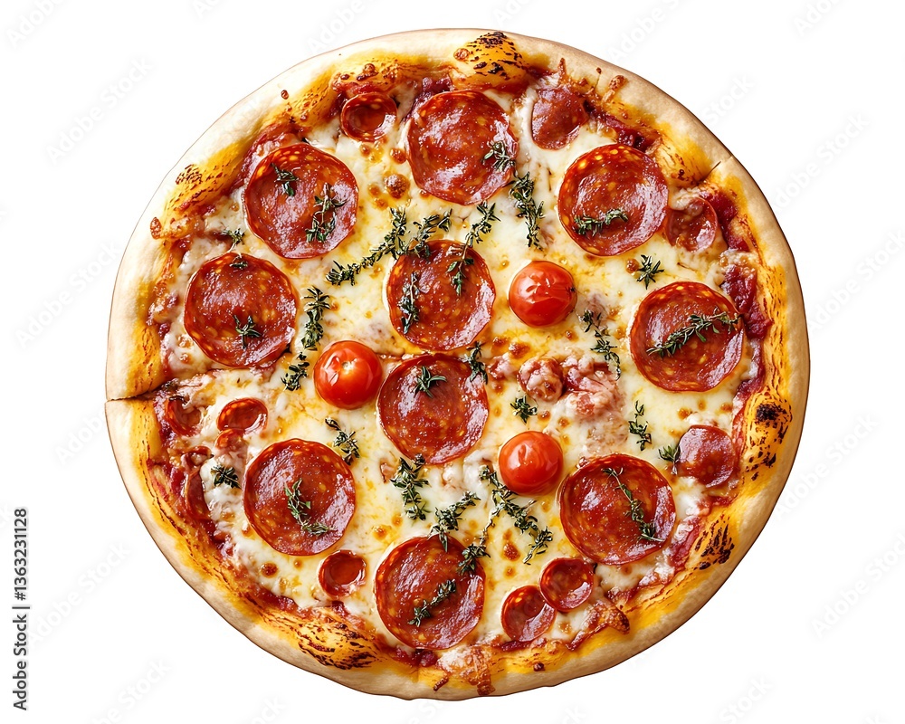 Pepperoni Pizza with Cherry Tomatoes Isolated on White Background Pepperoni Pizza with Cherry Tomatoes Isolated on White Background