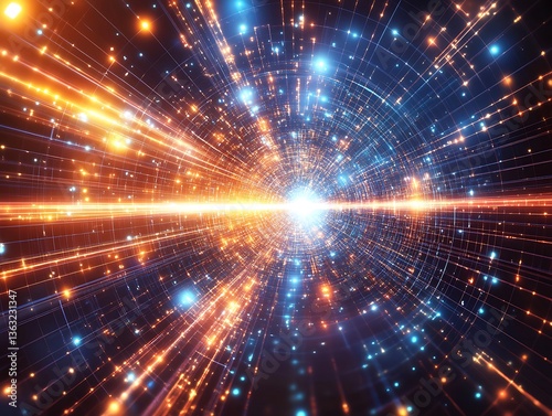 Abstract Hyper Tunnel Visualization of Data Transfer with Orange and Blue