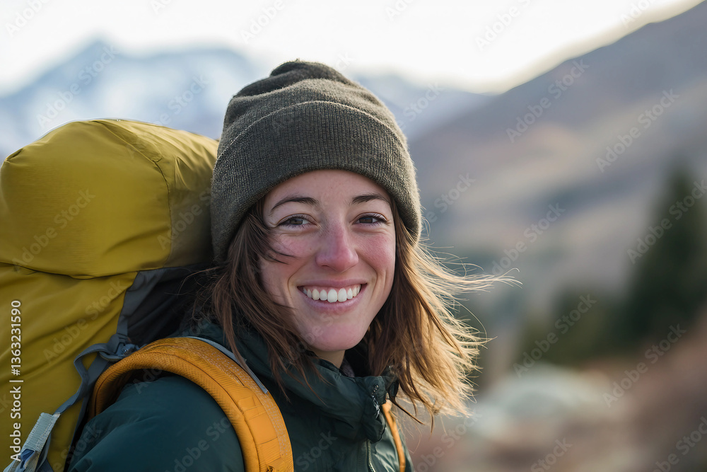 Smiling person enjoying an active spring vacation trekking and hiking in scenic mountain landscape generative AI Smiling person enjoying an active spring vacation trekking and hiking in scenic mountain landscape generative AI