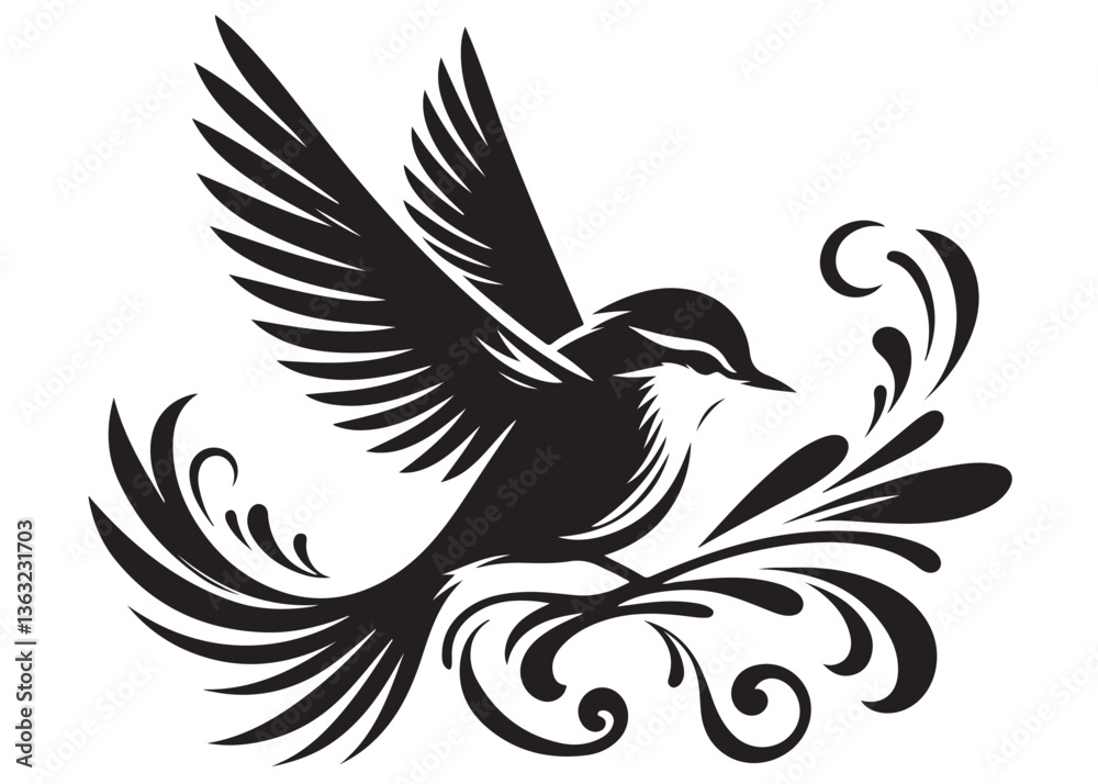 Fototapeta premium silhouette of a bird logo vector design, flying bird logo icon silhouette, feather with bird logo design black animal, silhouette of a black flying bird on white background