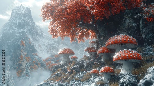 Enchanted Winter Wonderland: A Fantasy Landscape with Mushrooms and Snow-Capped Mountains