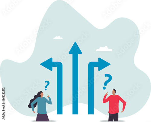 Direction choice, crossroad or decision for career path, choosing path way, challenge or opportunity doubt, determination or tough decision.character for design.