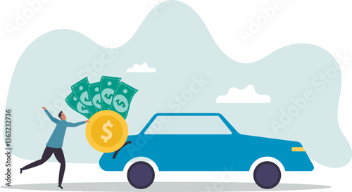 Car leasing or car loan, borrow money to buy new car, rental or auto maintenance cost, debt, purchase or buy new vehicle .character for design.