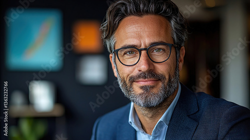 Man with glasses and beard smiles warmly in modern office setting with colorful wall art and plants in background during daytime