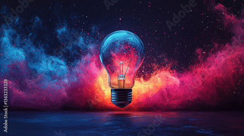 Dynamic light bulb illuminated against colorful abstract background showcasing creativity and innovation
