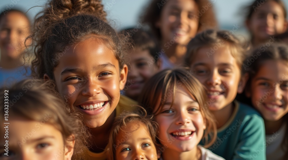 A close-up shot of a diverse group of kids, each with different facial expressions, under natural sunlight. Warm tones and a sense of joyful unity and togetherness. A close-up shot of a diverse group of kids, each with different facial expressions, under natural sunlight. Warm tones and a sense of joyful unity and togetherness.