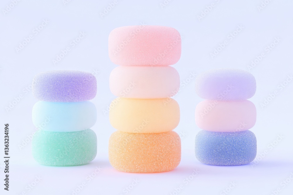 Stacked pastel-colored, round objects. Three vertical stacks of soft, rounded forms in various pastel shades, creating a visually appealing display Stacked pastel-colored, round objects. Three vertical stacks of soft, rounded forms in various pastel shades, creating a visually appealing display