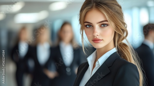 Wallpaper Mural young professional in formal attire stands in a contemporary office space, exuding confidence while colleagues engage in discussion behind her. Bright daylight filters through large windows Torontodigital.ca