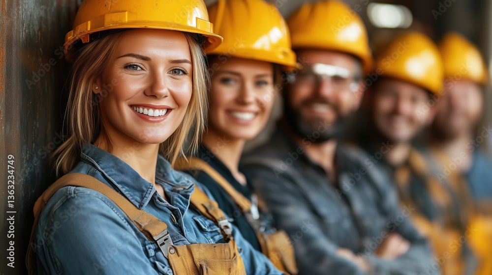 Group of construction workers wearing yellow helmets and work uniforms standing together at a construction site, showcasing teamwork and positivity during a project Group of construction workers wearing yellow helmets and work uniforms standing together at a construction site, showcasing teamwork and positivity during a project