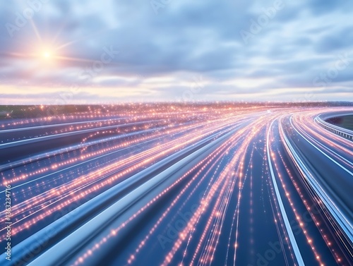 Captivating luminous trails streaking across highways on a blurred motion view