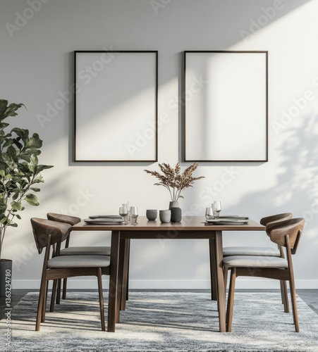 Modern dining room with wooden table, chairs, and empty frames.