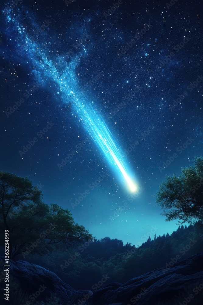 Fototapeta premium Enchanting Nightscape A Celestial Spectacle of a Luminous Comet Streaking Across a Starry Sky Above a Tranquil Forest Landscape