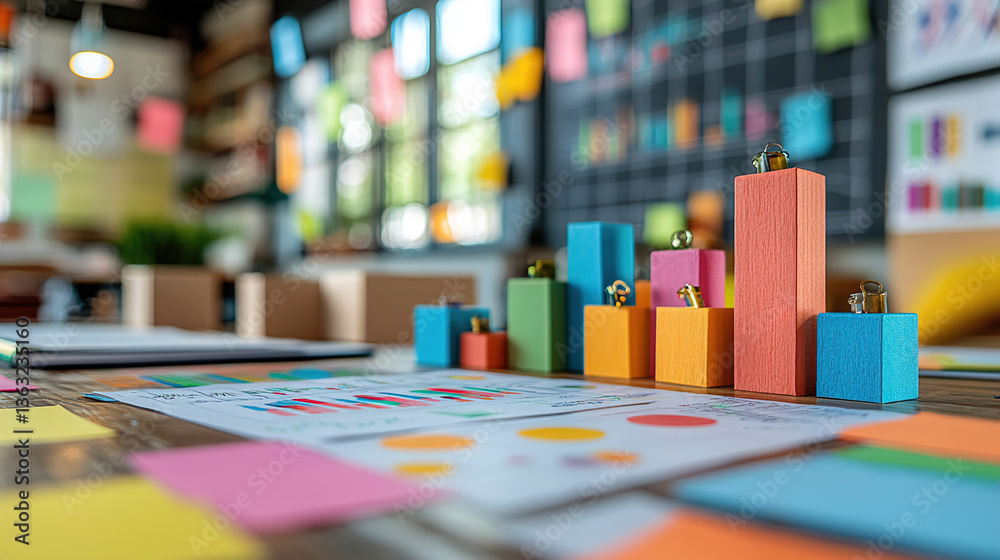Colorful wooden blocks and charts arranged on a workspace during a creative brainstorming session Colorful wooden blocks and charts arranged on a workspace during a creative brainstorming session