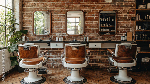 Barber shop interior with vintage styling and natural lighting in a rustic setting