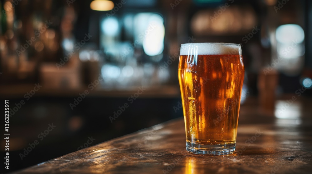 Refreshing pint of amber craft beer on rustic bar counter in dimly lit pub Refreshing pint of amber craft beer on rustic bar counter in dimly lit pub