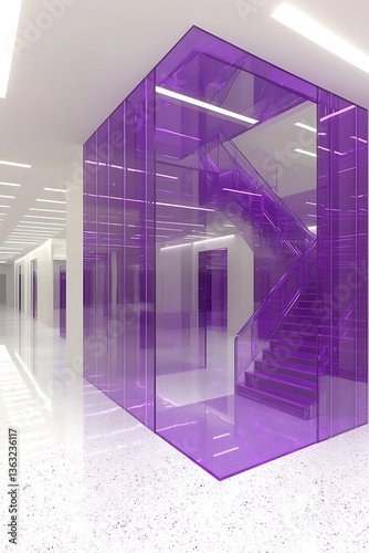 Modern interior design with a purple glass staircase installation within a minimalist space