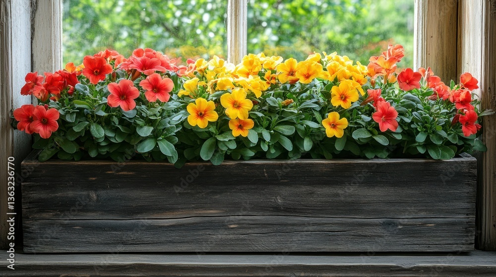 Vibrant flowers in a wooden window box Vibrant flowers in a wooden window box