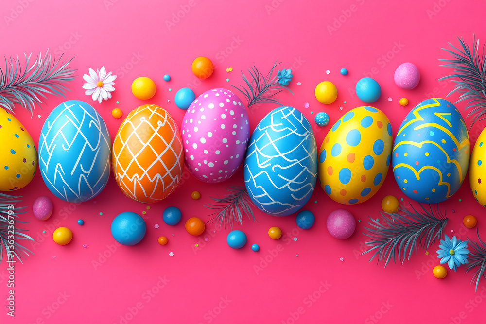 Fototapeta premium Vibrant neon Easter eggs with sparkling paint and colorful bokeh background, festive holiday decoration, generative AI
