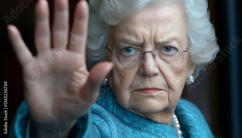 An elderly woman gestures a halt with her outstretched hand